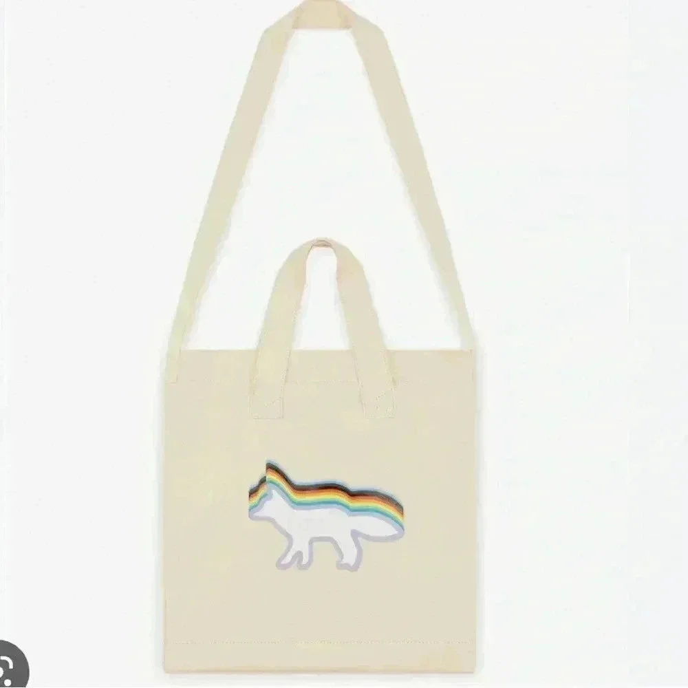 NWT Maison Kitsune Canvas Tote Bag Rainbow Fox Cream